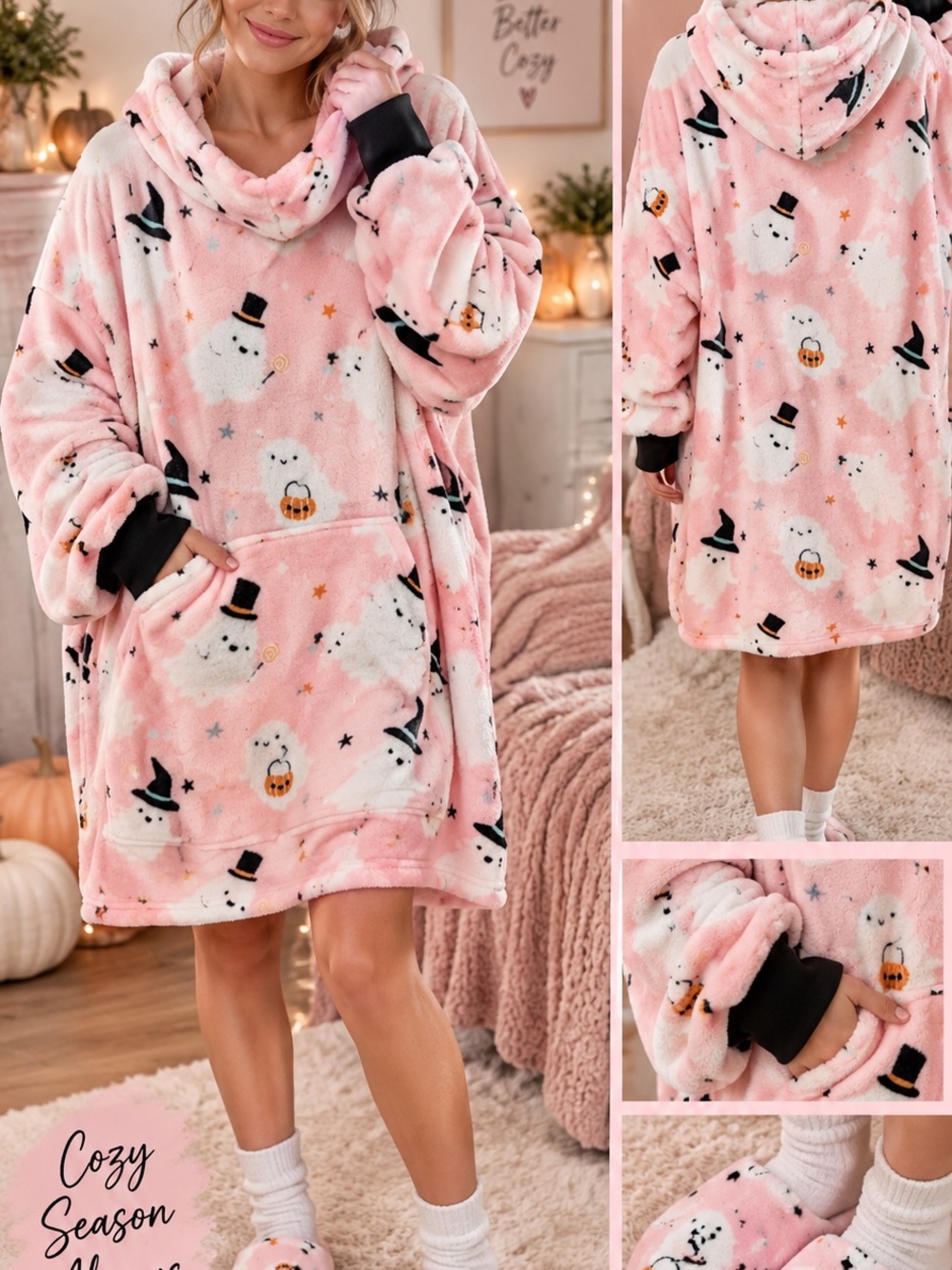NWT Cupcakes & Cashmere Pink Ghost Oversized Hoodie Slipper Set
